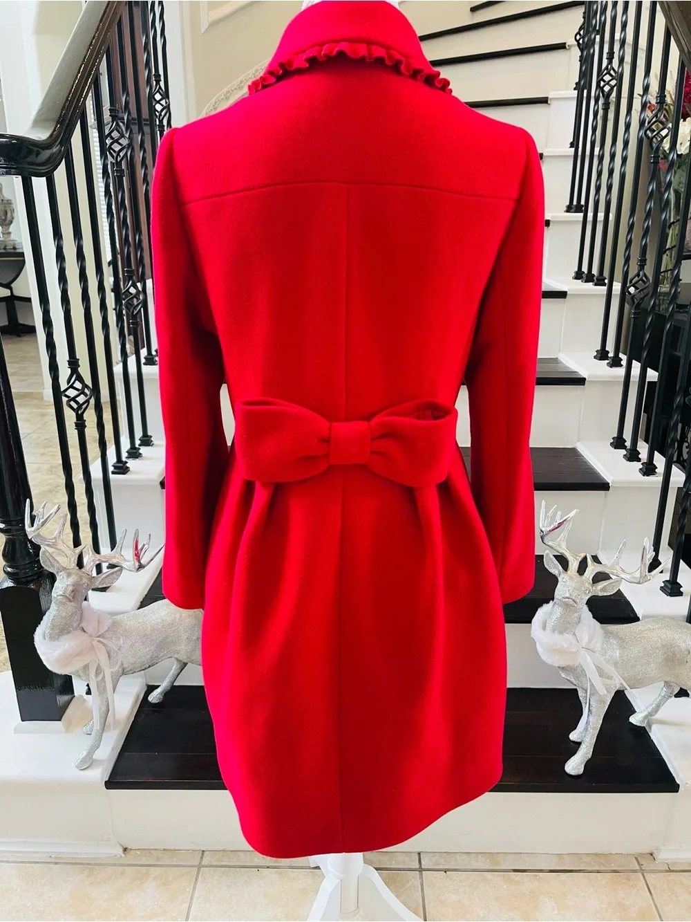Kate Spade New York RUFFLE TRIM BOW BACK COAT IN CHARM RED